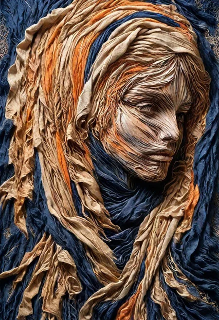RAW closeup photo, beautiful young woman, macro shot,( dark blue, orange, gold, embroidery scarf), masterpiece, colorful details, golden threads embroideries, award winning, high detailed, 8k, natural lighting, analog film, amazing composition, intricate details, subsurface scattering, vellus gold hairs, amazing textures, soft light