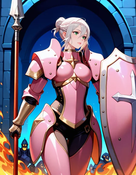 masterpiece, best_quality, high_quality, highres, extremely_detailed, ultra_detailed, detailed_eyes, skin_detail, intricate. subject_focus, depth_of_field, clean_lines, sharp_focus, perfect_anatomy.
EffieFE, green eyes, silver hair, ponytail, 1girl, pink armor,
lips, parted lips, hip armor,
fire, castle gate, guarding, wide stance, frontview, protecting civillian, monster, spear, holding, pink shield, medieval