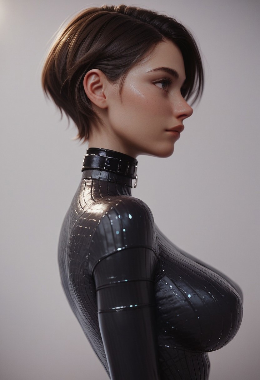 score_9, score_8_up, score_7_up, 1girl, Expressiveh, brown hair, short hair, sci-fi, futuristic, choker, cute, slim, from side, latex sweater, big breasts, standing straight,