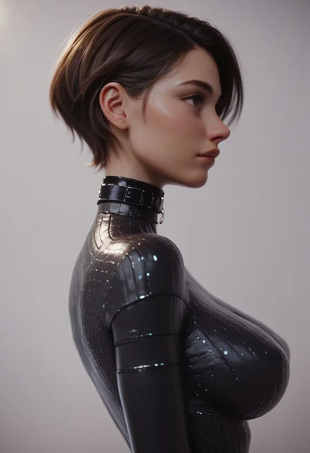 score_9, score_8_up, score_7_up, 1girl, Expressiveh, brown hair, short hair, sci-fi, futuristic, choker, cute, slim, from side, latex sweater, big breasts, standing straight,