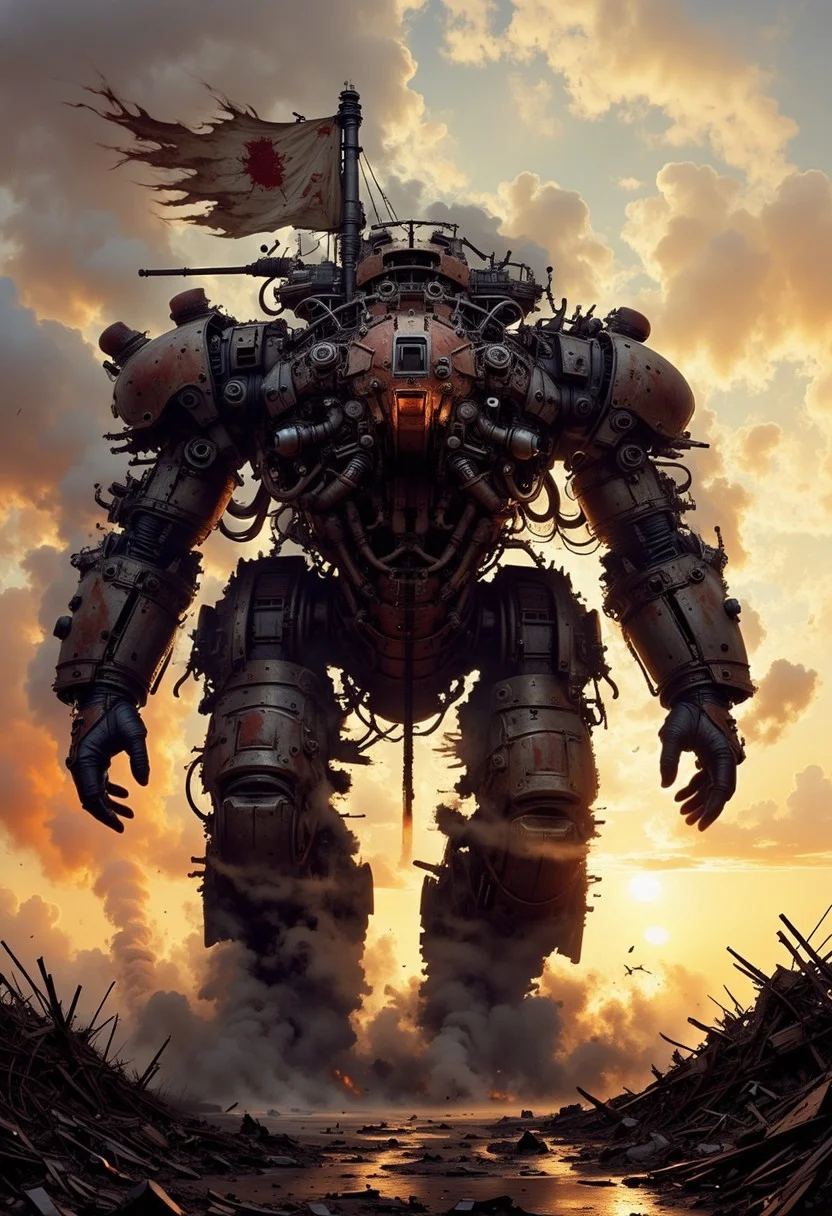 A heavily-armored walking fortress, built from scavenged war machines and rusted steel, marching through a barren wasteland. Gigantic rusted cannons, steam vents, and rotating turrets make it a deadly war machine. The ground cracks under its weight as mechanical legs stomp forward, driven by steam engines and hissing pistons. Toxic smoke billows from exhaust pipes, while tattered banners of a forgotten faction flutter in the wind. The apocalyptic sunset casts a fiery glow over the ruined landscape, enhancing the grim and gritty atmosphere. Steampunk, post-apocalyptic, ultra-detailed, dramatic lighting.