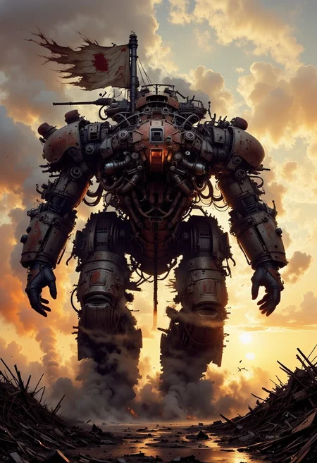 A heavily-armored walking fortress, built from scavenged war machines and rusted steel, marching through a barren wasteland. Gigantic rusted cannons, steam vents, and rotating turrets make it a deadly war machine. The ground cracks under its weight as mechanical legs stomp forward, driven by steam engines and hissing pistons. Toxic smoke billows from exhaust pipes, while tattered banners of a forgotten faction flutter in the wind. The apocalyptic sunset casts a fiery glow over the ruined landscape, enhancing the grim and gritty atmosphere. Steampunk, post-apocalyptic, ultra-detailed, dramatic lighting.