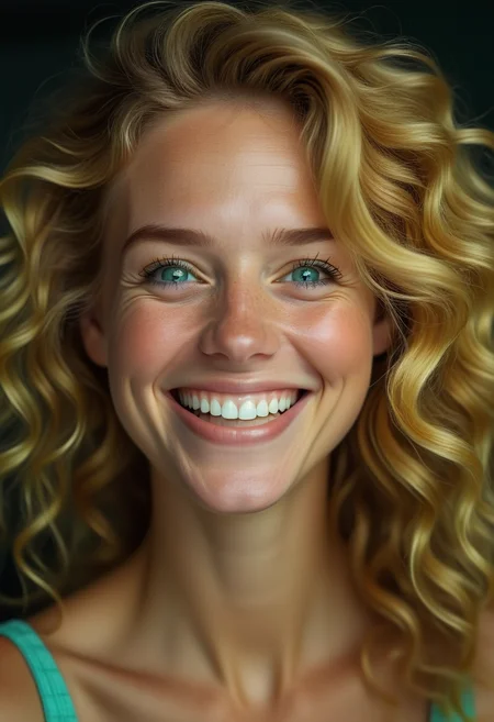2d, A striking portrait of a woman with wavy, golden blonde hair, her blue-green eyes filled with joy, and her bright, open smile lighting up her face., highly detailed, Pressured, Reflected light, dark green, sad atmosphere <lora:usual-portrait-v2:1>
