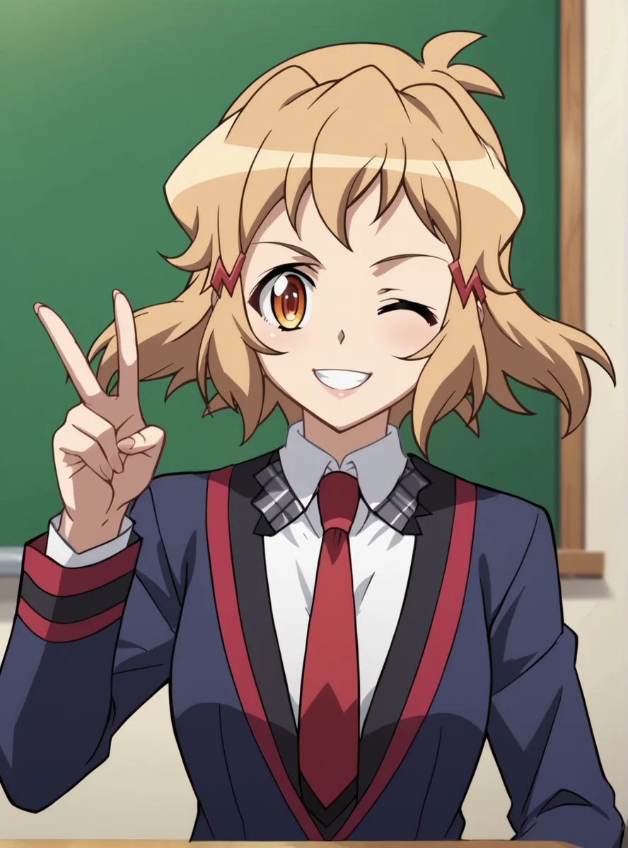 score_9, score_8_up, score_7_up, score_6_up, score_5_up, score_4_up, BREAK source_anime, masterpiece , anime screencap, anime_lineart anime coloring, solo <lora:TachibanaHibiki-000004:0.8>tachibana hibiki (symphogear), school uniform, white shirt, red necktie,, open jacket, smile,v,blazer upper body, wink