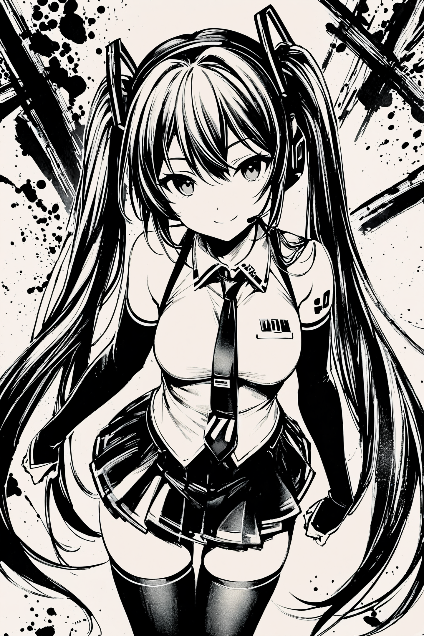 score_9,score_8_up,score_7_up,masterpiece,best quality,
monochrome,greyscale,1girl,long hair,solo,hatsune miku,thighhighs,twintails,skirt,detached sleeves,very long hair,necktie,smile,shirt,black thighhighs,sleeveless,black skirt,looking at viewer,headset,sleeveless shirt,hair ornament,pleated skirt,bare shoulders,shoulder tattoo,white shirt,standing,black sleeves,miniskirt,ink \(medium\),
<lora:okazu_XL_PONY:0.9>,