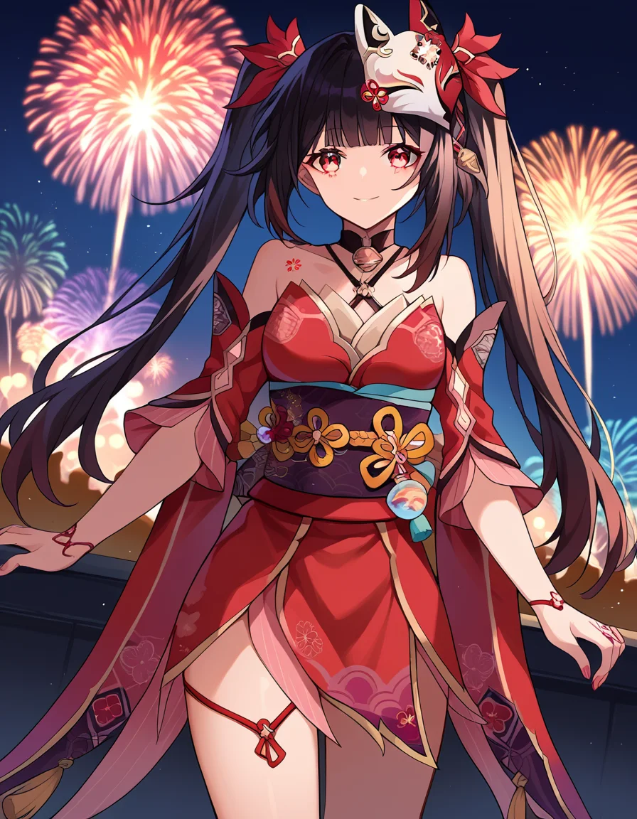 score_9, score_8_up, score_7_up, source_anime,
honkaisparkle, <lora:honkai-sparkle-ponyxl-lora-nochekaiser:1>,
sparkle, long hair, bangs, black hair, hair ornament, twintails, red eyes, bell, mask, mask on head, fox mask, smile,
dress, bare shoulders, japanese clothes, sash, tattoo, red dress,
outdoors, fireworks, festival,
looking at viewer, cowboy shot, dutch angle,