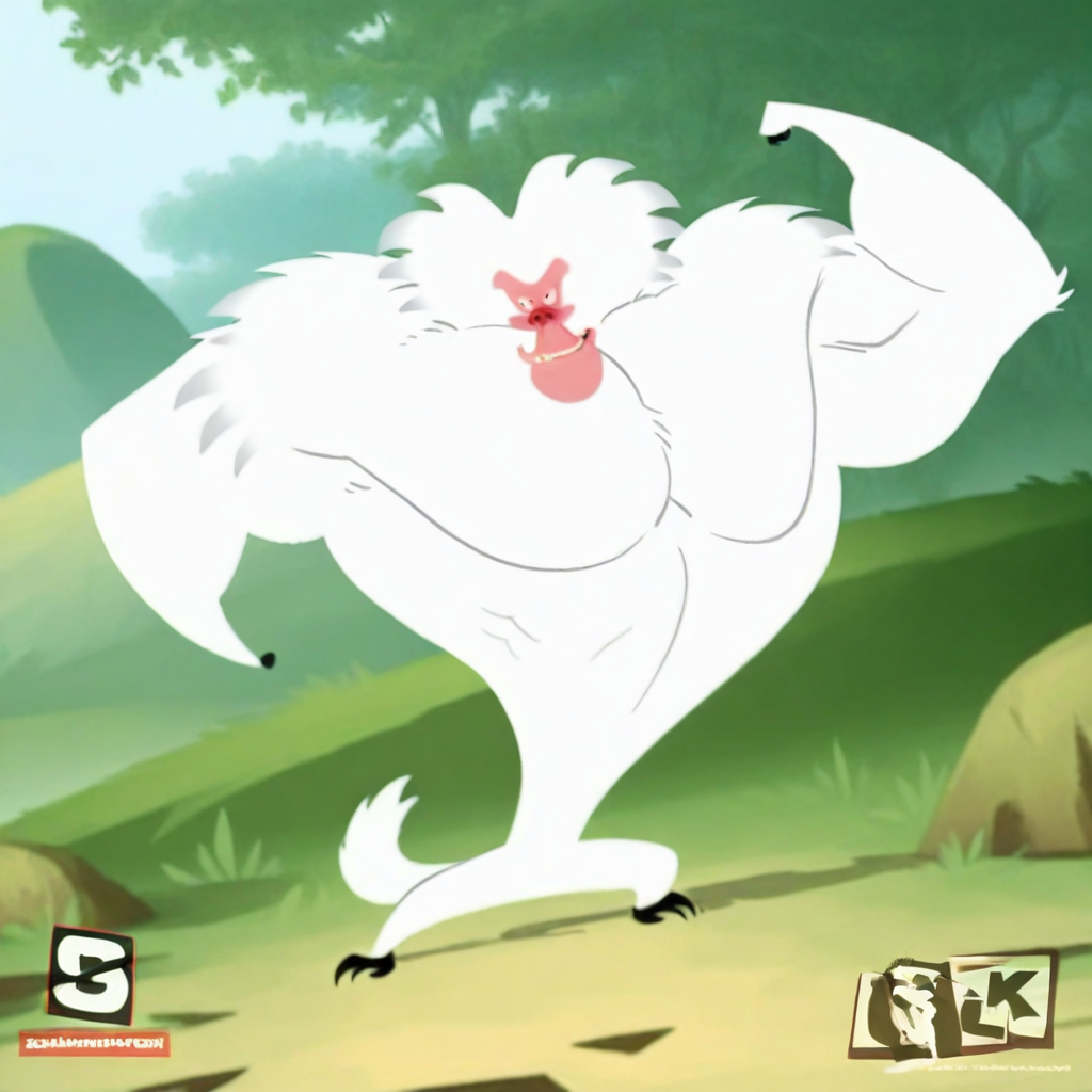 absurdres, masterpiece, 4k, 8k, cinematic lighting, dynamic posing BREAK Baboon, white fur, primate, villain, 1boy, solo, flexing biceps, evil smile, muscular male, large muscles, large pectorals, growing, looking at viewer BREAK forest