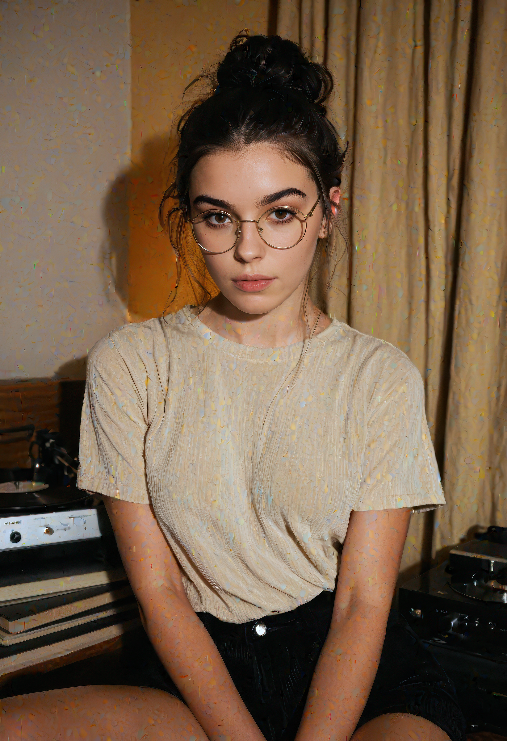 cinematic RAW photo, sdxl_stefduav, thoughtful expression, messy bun with curtain bangs, gold-rimmed glasses, oversized band tee tucked into corduroy flares, knitted socks, full body pose sitting beside a stack of vinyls and a turntable, amber indoor light with warm retro shadows, cozy cluttered interior, emotional introspection and detailed skin texture