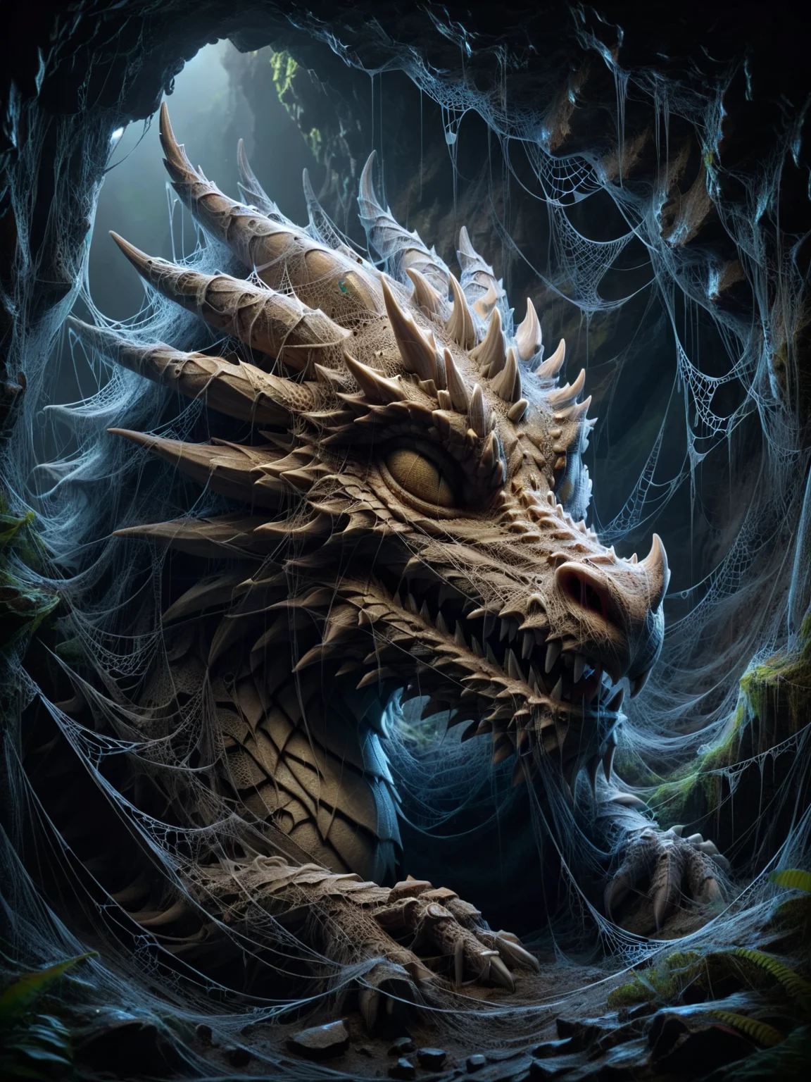 ais-webz dragon asleep in its cave <lora:Cobweb_Style_SDXL:1>