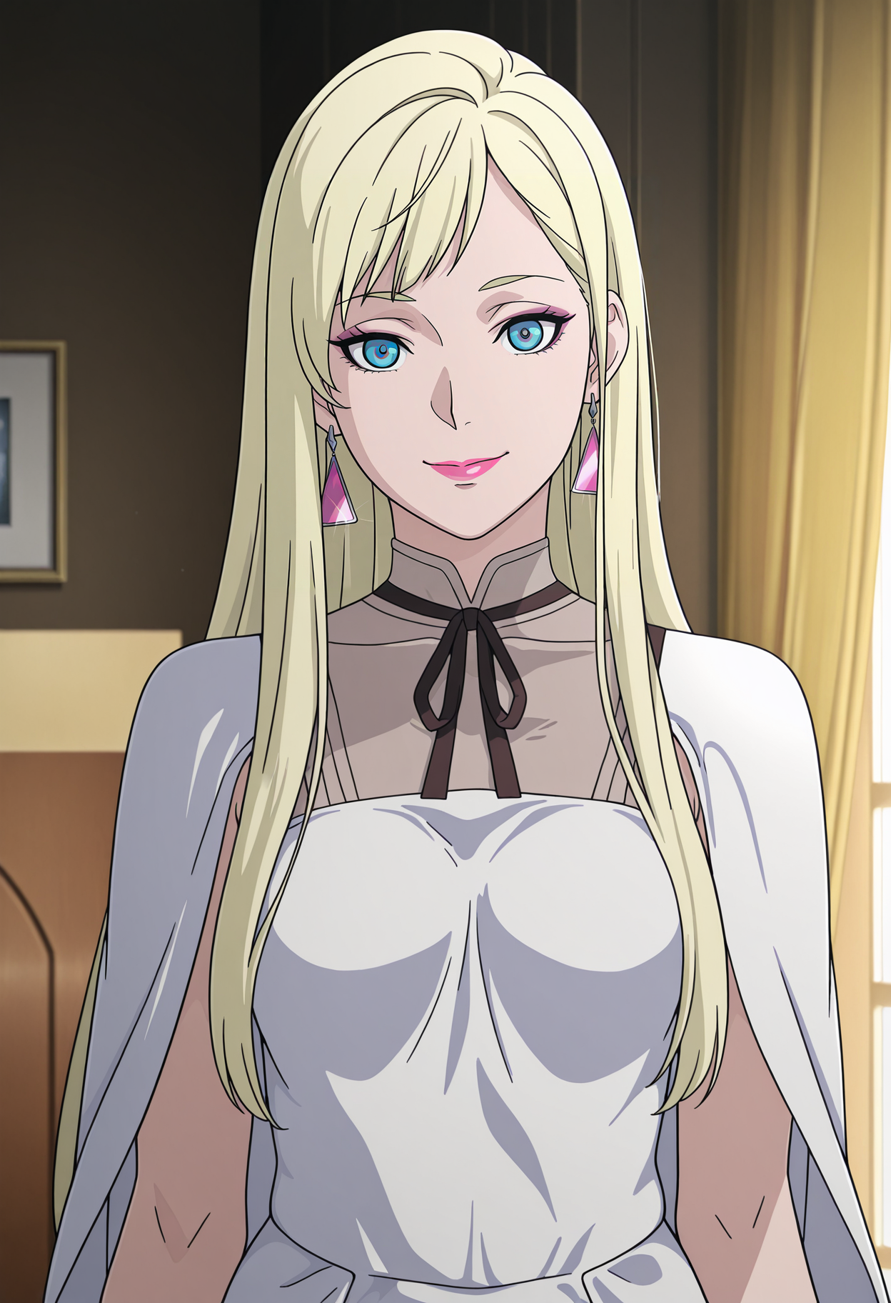 1girl,solo,mm,mature female,long hair,blonde hair,blue eyes,triangle earrings,makeup,lipstick,anime coloring,
white dress,white capelet,upper body, looking at viewer, smile,indoors
,masterpiece,best quality,amazing quality,<lora:Gigi_Andalucia_from_Gundam_Hathaways_Flash_v2:0.8>