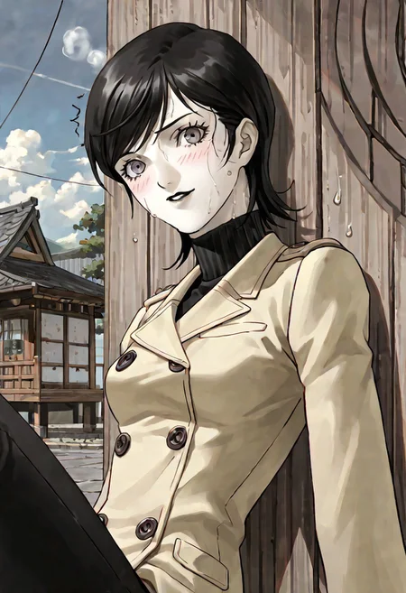 HDR, 8K, masterpiece, best quality, amazing quality, high resolution, absurdres, (2d, watercolor \(medium\)), 1girl, solo, (yuko takao, takaosmtiii, kazuma kaneko, kanekostyle, shin megami tensei, atlus, official art), lips, [black lipstick], eye shadow, eyelashes, black hair, short hair, (swept bangs), grey eyes, medium breasts, slender, very skinny, narrow waist, toned, pale skin, (sweat, wet, hot, steam, dripping, flushed), calm, casual, (embarrassed), nervous, parted lips, smile, looking at viewer, beige coat, turtleneck, black pants, sitting, leaning back, japanese town, office, clouds, heart, twitching, commentary, dynamic angle, aid291, close up