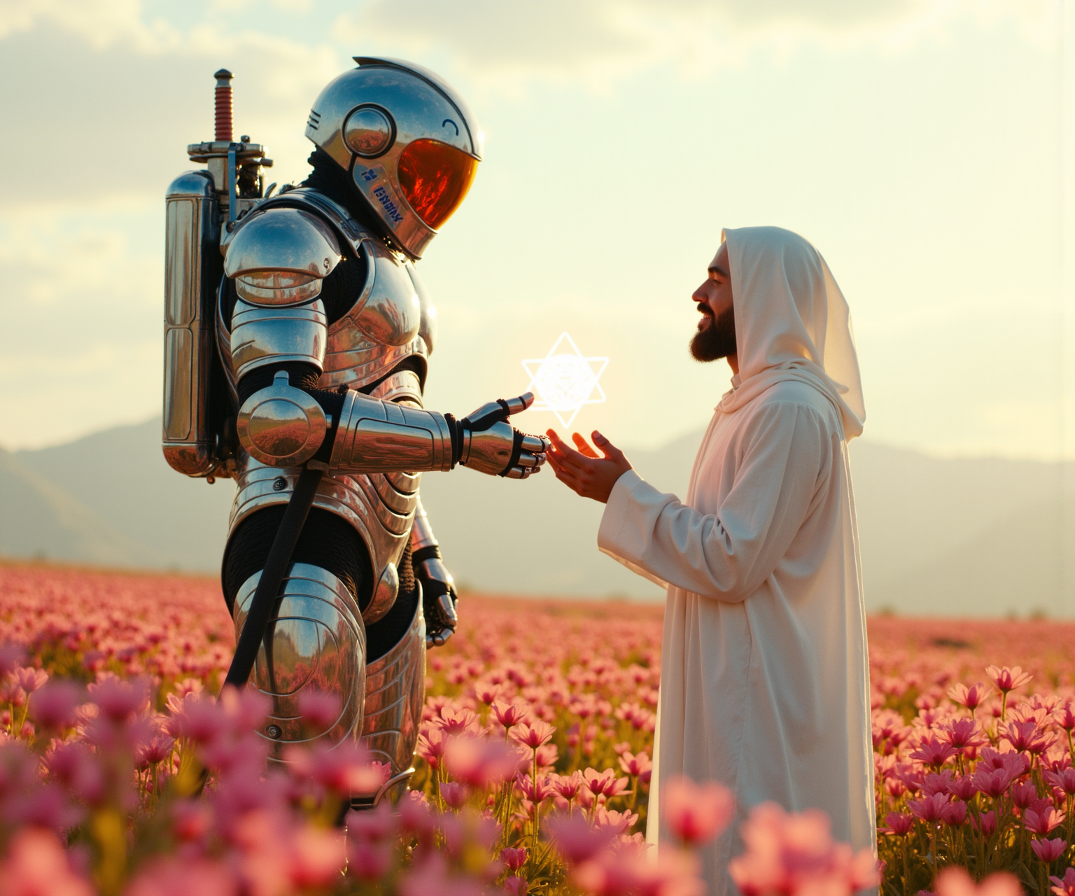In a vibrant, otherworldly landscape adorned with lush fields of pink and orange flowers, two figures stand in juxtaposition. The first character, a towering, metal-clad astronaut exuding a sense of strength and resilience, wears an intricately designed suit that glimmers under ethereal lighting. Their helmet, reflecting hues of blue and orange, obscures any specific facial features but hints at a determined expression behind the visor, giving them an otherworldly presence. They wield a katana, its blade shimmering, underscoring a unique blend of technology and tradition. Positioned before the astronaut is a second character, a bearded individual draped in a flowing, white hooded cloak, emanating calm and wisdom. Their skin tone is warm, with a gentle smile radiating empathy as they extend their hands, presenting a glowing, geometric object that seems to pulsate with energy. The background features distant mountains, slightly blurred for depth, evoking a dreamlike quality. Soft pastel clouds drift overhead, creating a serene atmosphere that contrasts with the imposing stature of the astronaut. The character in white exudes peacefulness, contrasting with the formidable aura of the armored figure. The scene captures an intriguing moment of connection, where the astronaut, visibly softened by the gesture, leans slightly forward, reaching out with one armored hand towards the glowing object, as if to accept an invitation. The lighting, reminiscent of Roger Deakins' cinematic style, bathes the entire composition in a warm golden glow, accentuating the details of their clothing and the textures of the flowers, creating a harmonious blend of nature and technology.