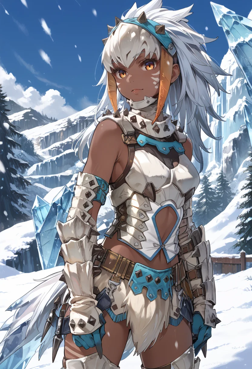 (score_9:0.9),score_8_up,score_7_up,rating_safe,anime style,(zPDXL),<lora:Barioth S Armor ponyXL v2.1:0.85>,barioth armor,dark-skinned female,long hair,white thigh boots,white elbow gloves,white helmet,looking at viewer,ice,snow,