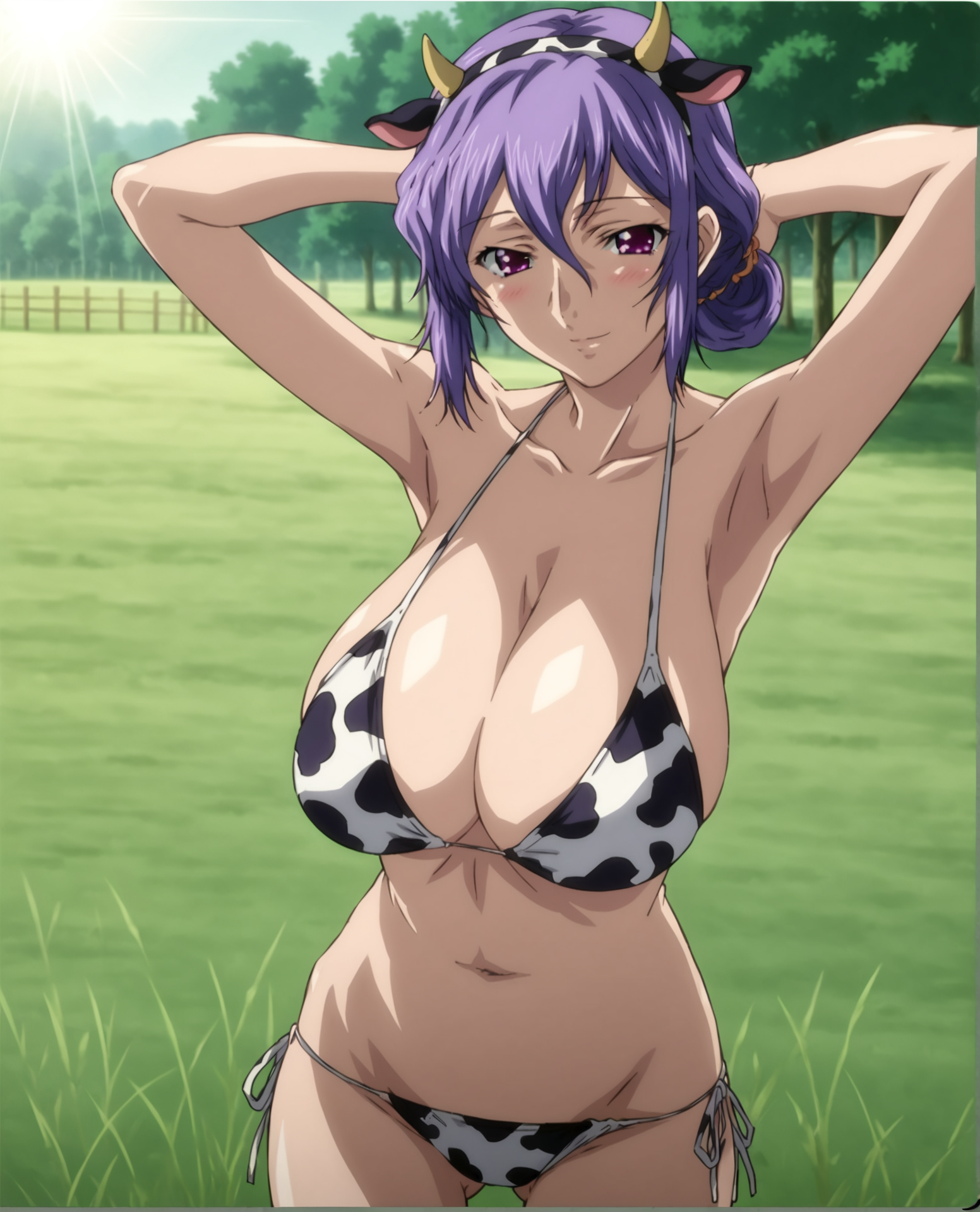 score_9, score_8_up, score_7_up, source_anime BREAK cinematic lighting, atmospheric lighting, (cowboy shot), official artwork, hetero, outdoors, field, grass, tree, farm, 1girl, solo, female focus, mature female, short hair, purple hair, hair bun, side locks, hair between eyes, purple eyes, looking at viewer, blush, smile, huge breasts, collarbone, cleavage, standing, bare shoulders, bare arms, bikini, cow print, navel, arms up, hands behind head, armpits, small bikini, thigh gap, gluteal fold, hairband, fake horns, <lora:Uehara_Kazue_Saimin_Ryoujoku_Gakuen_for_Pony:1>, rating_questionable