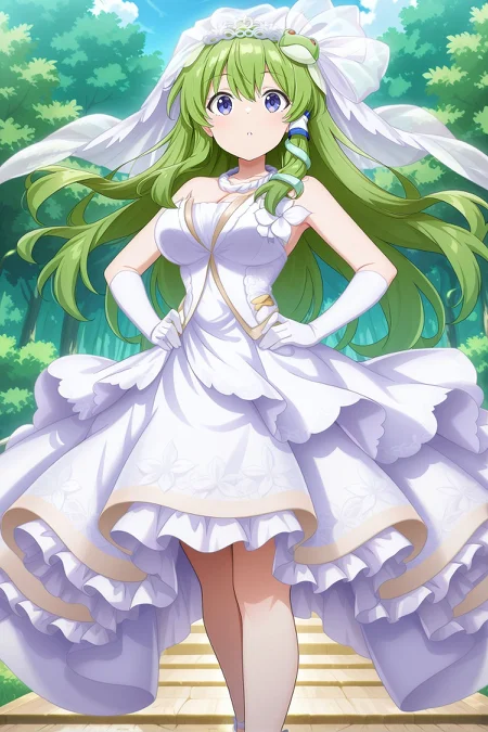 absurdres, highres, masterpiece, best quality, amazing quality, official anime artwork, screencap, anime screencap, outdoors, looking at viewer, dynamic pose,
<lora:Sanae-Kochiya_IllustriousV2:1> kochiya sanae, 1girl, solo, purple eyes, green hair, long hair, frog hair ornament, snake hair ornament,, kochiya sanae \(broken line of forsaken rites\), alternate costume, bridal veil, white flower, jewelry, white necklace, wedding dress, strapless dress, frilled dress, white dress, cleavage, elbow gloves, white gloves, white footwear, gold trims, hands on hip,