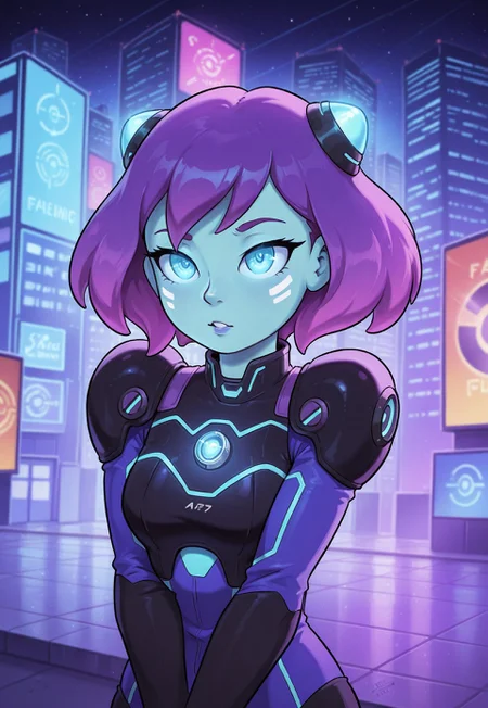 score_9, score_8_up, score_7_up, 1girl, solo, intergalactic bounty hunter, futuristic battle armor with glowing neon accents and advanced tech, dual plasma blasters with sleek designs and glowing energy cores, short spiky purple hair with cybernetic enhancements, realistic, cinematic angle, cinematic lighting, athletic body, determined face, glowing cyan eyes, combat-ready pose
BREAK
tracking a target through a bustling alien marketplace
BREAK
source_sci-fi_art, rating_explicit, expressive, full body, dynamic pose
BREAK
detailed beautiful background, vibrant alien marketplace with exotic stalls and bustling crowds, neon-lit signs and holographic advertisements, alien creatures and advanced technology, distant spacecraft and futuristic skyline, high-tech atmosphere with a sense of adventure and danger
<lora:Expressive_H:0.6>Expressiveh, (SimplepositiveXLv1:1.3), (upper body, full clothed:1.85) ((masterpiece)) (ultra realistic, 32k, masterpiece:1.2), (high detailed skin:1.1), (high quality:1.1) (((full clothed))) <lora:DandonFuga_Style_v.2_-_Pony:0.8>
<lora:add-detail-xl:1>
<lora:Dynamic Poses:1>