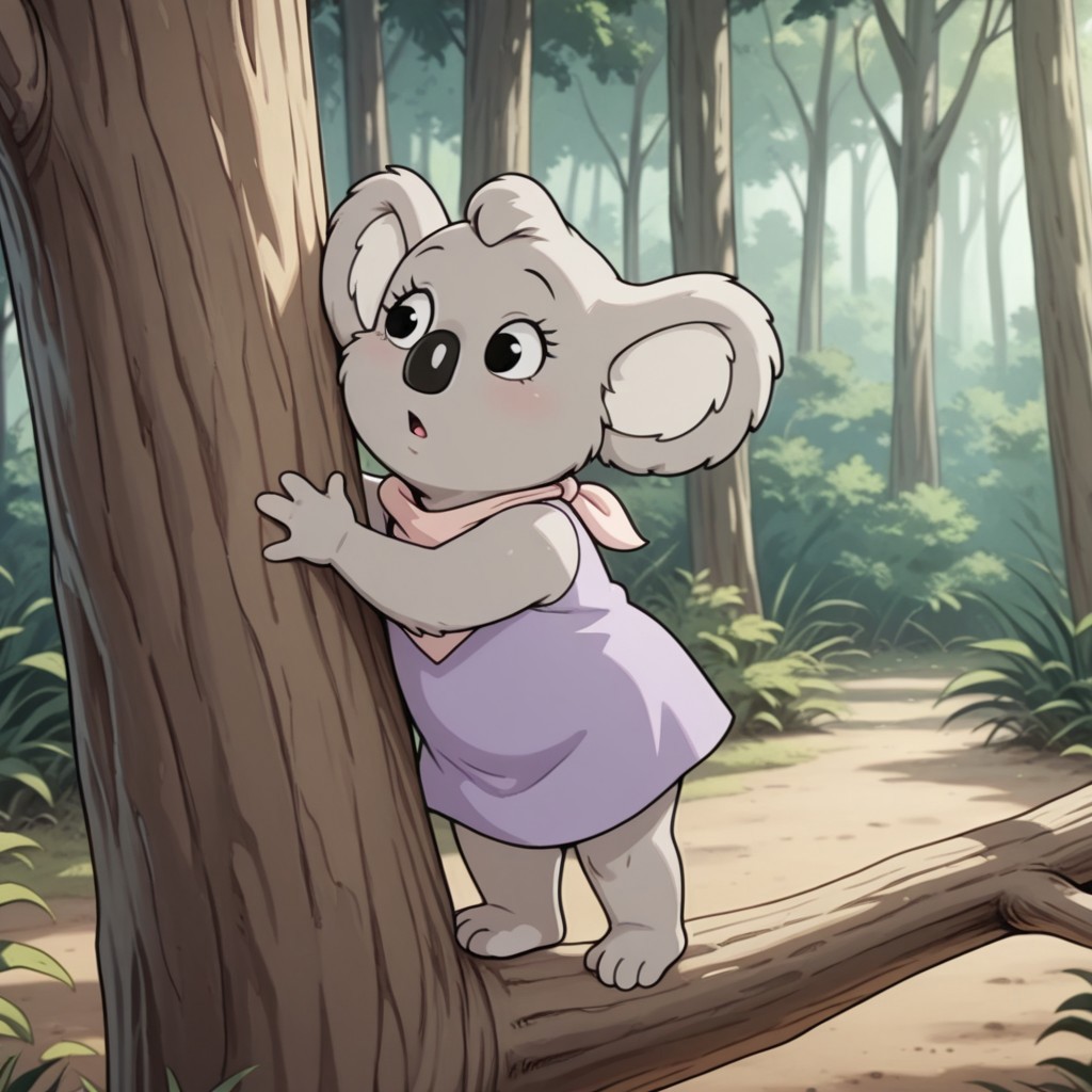masterpiece, best quality, amazing quality, Nutsybbil, semi-anthro, female, Koala, tan fur, black eyes, purple dress, pink neckerchief, forest, climbing tree