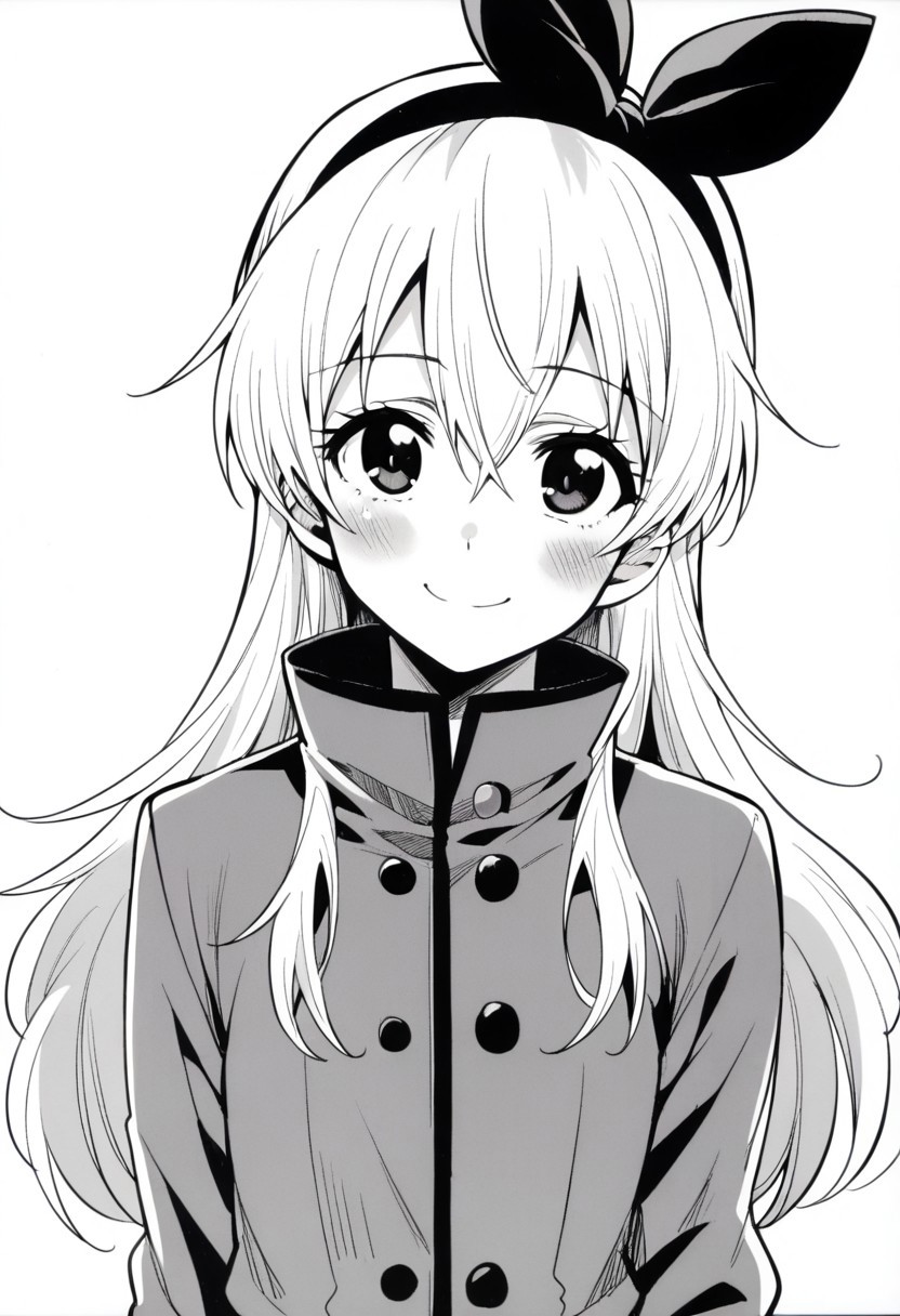 score_9, score_8_up, score_7_up, source_anime, short female, flat chest, 1girl, solo, blonde hair, black hairband, black hair bow, hair between eyes, long hair, sidelocks, grey jacket, high collar, buttons, smile, blush, upper body, looking at viewer, monochrome, manga, ishigana style