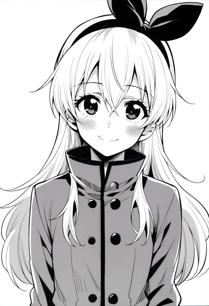score_9, score_8_up, score_7_up, source_anime, short female, flat chest, 1girl, solo, blonde hair, black hairband, black hair bow, hair between eyes, long hair, sidelocks, grey jacket, high collar, buttons, smile, blush, upper body, looking at viewer, monochrome, manga, ishigana style