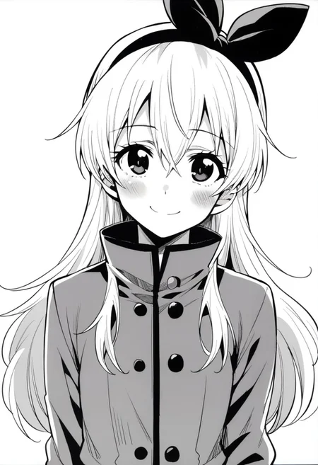 score_9, score_8_up, score_7_up, source_anime, short female, flat chest, 1girl, solo, blonde hair, black hairband, black hair bow, hair between eyes, long hair, sidelocks, grey jacket, high collar, buttons, smile, blush, upper body, looking at viewer, monochrome, manga, ishigana style