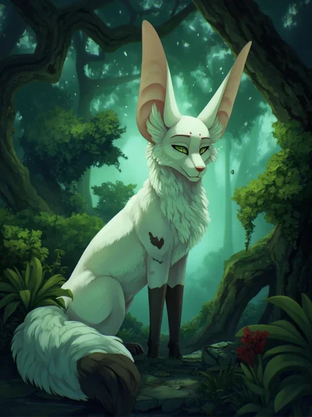 <lora:ck-LttleGhost-000011.safetensors:1> in the style of ck-lttlegh0stA stunning sophisticated white fennec fox pup sits amidst a vibrant tangle of succulents and foliage, its oversized ears poised in rapt attention. The soft, emerald light casts an otherworldly glow over the scene, conjuring an atmosphere of eerie tranquility.
