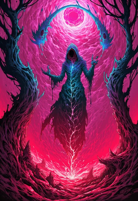 painted world, teeth, stylized surreal depiction of an ethereal ghostly cybergore figure with a large scythe, wearing a cloak without a face, floating through an enchanted forest permeated by a thick miasma visible as dense and vibrant fog with a menacing neon glow pulsing from within. The monster trees are interconnected by thorny vines with eyes and fangs. The color scheme is dominated by an eerie red-pink light and particles, accentuating the horror-themed grimdark fantasy nightmare. <lora:flux\flux_cybergore>