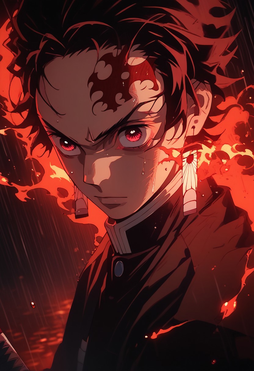score_9, score_8_up, score_7_up, source_anime, rating_safe, raining, kamado tanjirou, (red_Tanjiro_hair), red-white_Tanjiro_eyes, whte-red_Tanjiro_earrings, red_Tanji_scar on forehead, 1boy, male focus, stylized_Tanjiro_water, stylized_Tanjiro_fire, blurry outdoor fire, red theme, flat color, dark theme, sinozick style