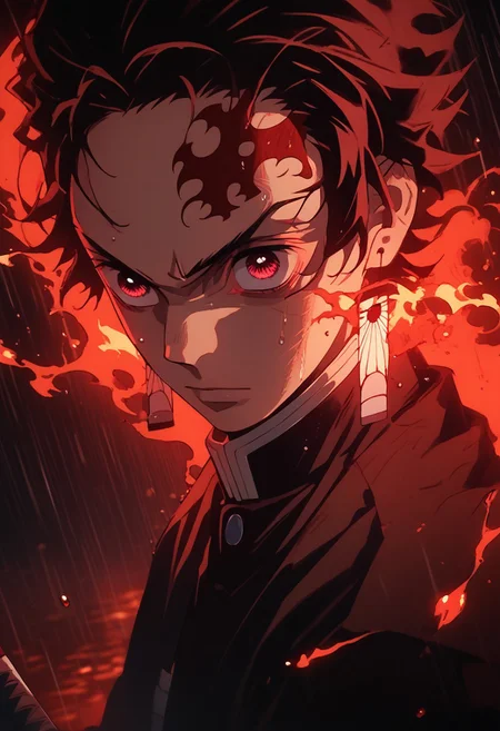 score_9, score_8_up, score_7_up, source_anime, rating_safe, raining, kamado tanjirou, (red_Tanjiro_hair), red-white_Tanjiro_eyes, whte-red_Tanjiro_earrings, red_Tanji_scar on forehead, 1boy, male focus, stylized_Tanjiro_water, stylized_Tanjiro_fire, blurry outdoor fire, red theme, flat color, dark theme, sinozick style