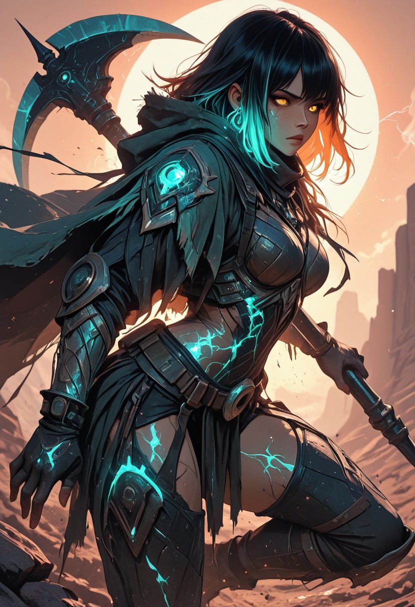 (masterpiece), (best quality), (8k), 1girl, cinematic lighting, dynamic action pose, running or attacking mid-motion, desert setting, glowing heat haze, sun rays cutting through sand dust, monster scale armor, intricate textures, two-tone hair flowing in wind, intense expression, axe mid-swing, muscular build, determined face, cloak flaring behind, ambient particles in air, golden hour glow, cracked sandstone terrain, tribal hunter aesthetic, mid-leap or mid-charge, motion blur on background, focused eyes