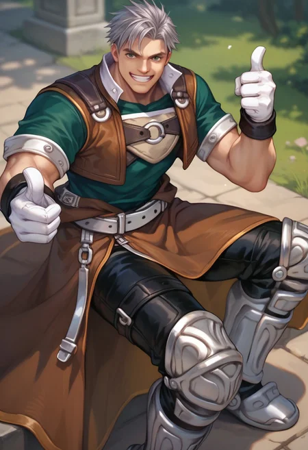 score_9, score_8_up, score_7_up, score_6_up, 1boy, muscular, natgra, steel greaves, brown skirt, black pants, green shirt, leather vest, silver belts, white gloves, silver hair, smile, teeth, thumbs up, hand up,