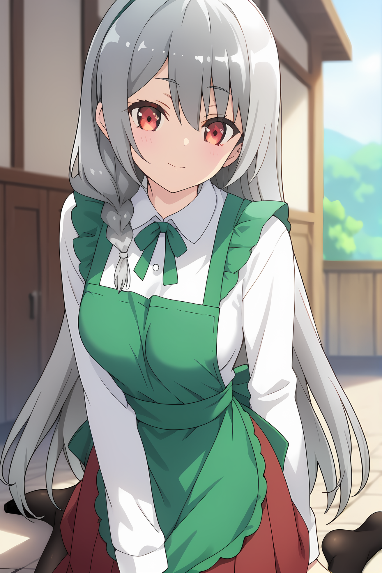 (green apron white shirt long sleeves red skirt black pantyhose:1.40), ig-maidena, grey hair, red eyes, 1girl, solo, skinny, score_9, score_8_up, score_8, score_7_up, score_7, score_6_up, score_6, score_5_up, score_5, source_anime, (lewd:1.10), outdoors, (close-up:1.20), (:1.20), feet, <lora:ig-maidena-V01-000003:0.90> medium breasts, long hair, single braid