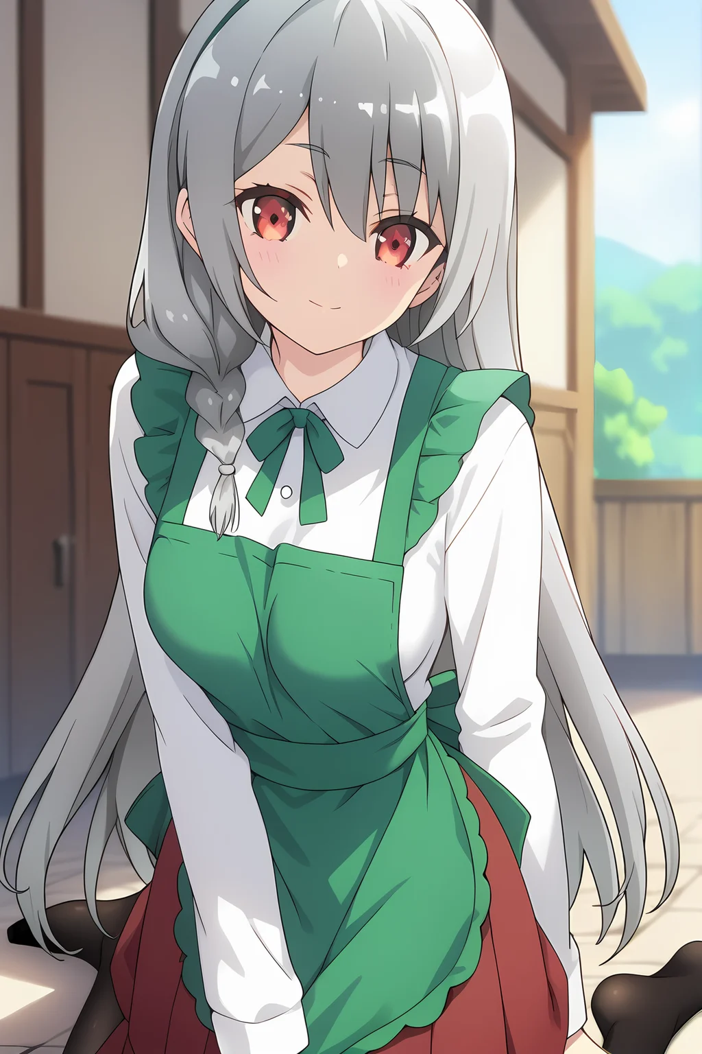 (green apron white shirt long sleeves red skirt black pantyhose:1.40), ig-maidena, grey hair, red eyes, 1girl, solo, skinny, score_9, score_8_up, score_8, score_7_up, score_7, score_6_up, score_6, score_5_up, score_5, source_anime, (lewd:1.10), outdoors, (close-up:1.20), (:1.20), feet, <lora:ig-maidena-V01-000003:0.90> medium breasts, long hair, single braid