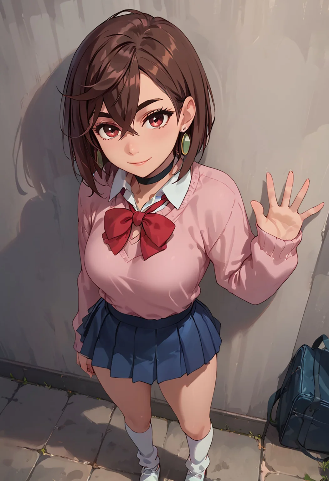 score_9, score_8_up, score_7_up, score_6_up, Masterpiece, beautiful, semi realistic, perfect eyes, perfect face, sexy, ChopioMomo (brown hair, short hair, hair between eyes, thick eyebrows, red eyes, looking at viewer, medium breast, narrow waist, outfit_1, earrings, black choker, pink sweater, collared shirt, open collar, red bowtie, loose bowtie, long sleeves, blue skirt, pleated skirt, miniskirt, kneehighs, white socks, loose socks, uwabaki, petite body), standing, leaning against wall, smiling, full body, face focus, classroom, day, beautiful cinematic lighting, volumetric lighting, dramatic lighting, view from above <lora:g0th1cPXL:0.4> g0thicPXL <lora:MomoAyaseXL-v3-07:0.7> <lora:princess_xl_v2:1>