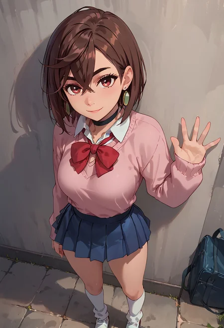 score_9, score_8_up, score_7_up, score_6_up, Masterpiece, beautiful, semi realistic, perfect eyes, perfect face, sexy, ChopioMomo (brown hair, short hair, hair between eyes, thick eyebrows, red eyes, looking at viewer, medium breast, narrow waist, outfit_1, earrings, black choker, pink sweater, collared shirt, open collar, red bowtie, loose bowtie, long sleeves, blue skirt, pleated skirt, miniskirt, kneehighs, white socks, loose socks, uwabaki, petite body), standing, leaning against wall, smiling, full body, face focus, classroom, day, beautiful cinematic lighting, volumetric lighting, dramatic lighting, view from above <lora:g0th1cPXL:0.4> g0thicPXL <lora:MomoAyaseXL-v3-07:0.7> <lora:princess_xl_v2:1>