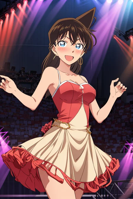 1girl,mouri ran,outdoors,medium breasts,nose blush,sleeveless dress,earrings, indoors, banquet,stage, dancing, fantasy,stage lights, happy,looking at viewer,
<lora:mouriran:0.9>