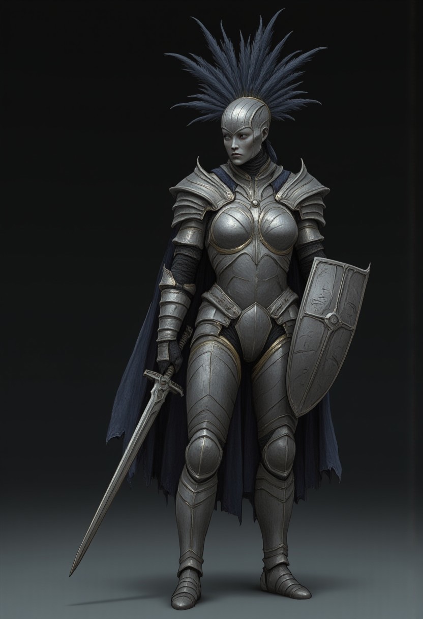 MikeFranchinastyle, d4artstyle, d4concept, , bbstyle,, horror theme,, zbrush, ZBClay model of a gray sculpture, 1990's, 1990's style
Set against a solid dark color background to emphasize its unsettling unnatural form that emphasizes its silhouette. The medium is not a traditional painting or illustrative medium like watercolor or ink but rather a digital 3D rendering.
A feathered knight with a cape, holding a templar shield, and a gladiator sword