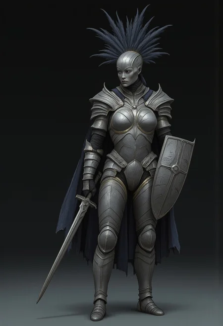 MikeFranchinastyle, d4artstyle, d4concept, , bbstyle,, horror theme,, zbrush, ZBClay model of a gray sculpture, 1990's, 1990's style
Set against a solid dark color background to emphasize its unsettling unnatural form that emphasizes its silhouette. The medium is not a traditional painting or illustrative medium like watercolor or ink but rather a digital 3D rendering.
A feathered knight with a cape, holding a templar shield, and a gladiator sword