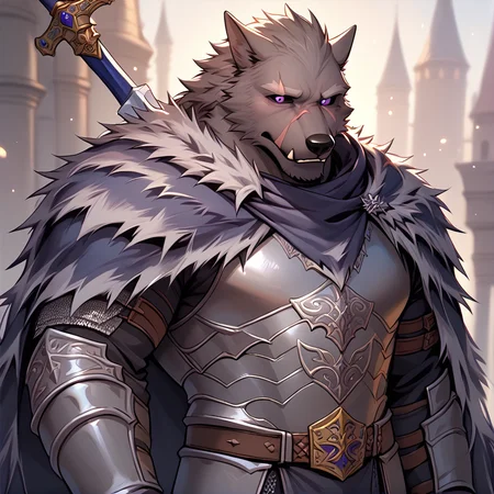 score_9, score_8_up, score_7_up, <lora:Blaidd:1> blaidd, 1boy, solo, furry, bara, purple eyes, black sclera, wolf boy, scar, standing, bara, armor, sword, cloak