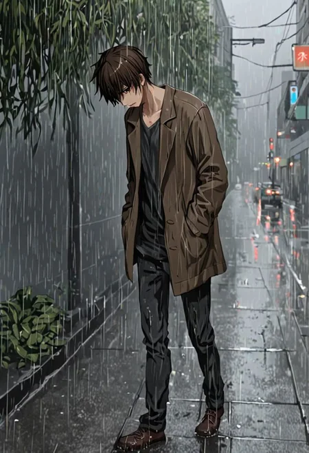 Highres, Masterpiece, High Quality, 4K, 8K, solo, 1Boy, Seiya Kanie, short dark brown hair, golden eyes, footpath, urban, wet, slippery, heavy rain, overcast, dark, drenched, weak, beaten, looking down, sad, helpless, careless, heartless, wet hair, withered plants, easynegative, detailed_eye_model
