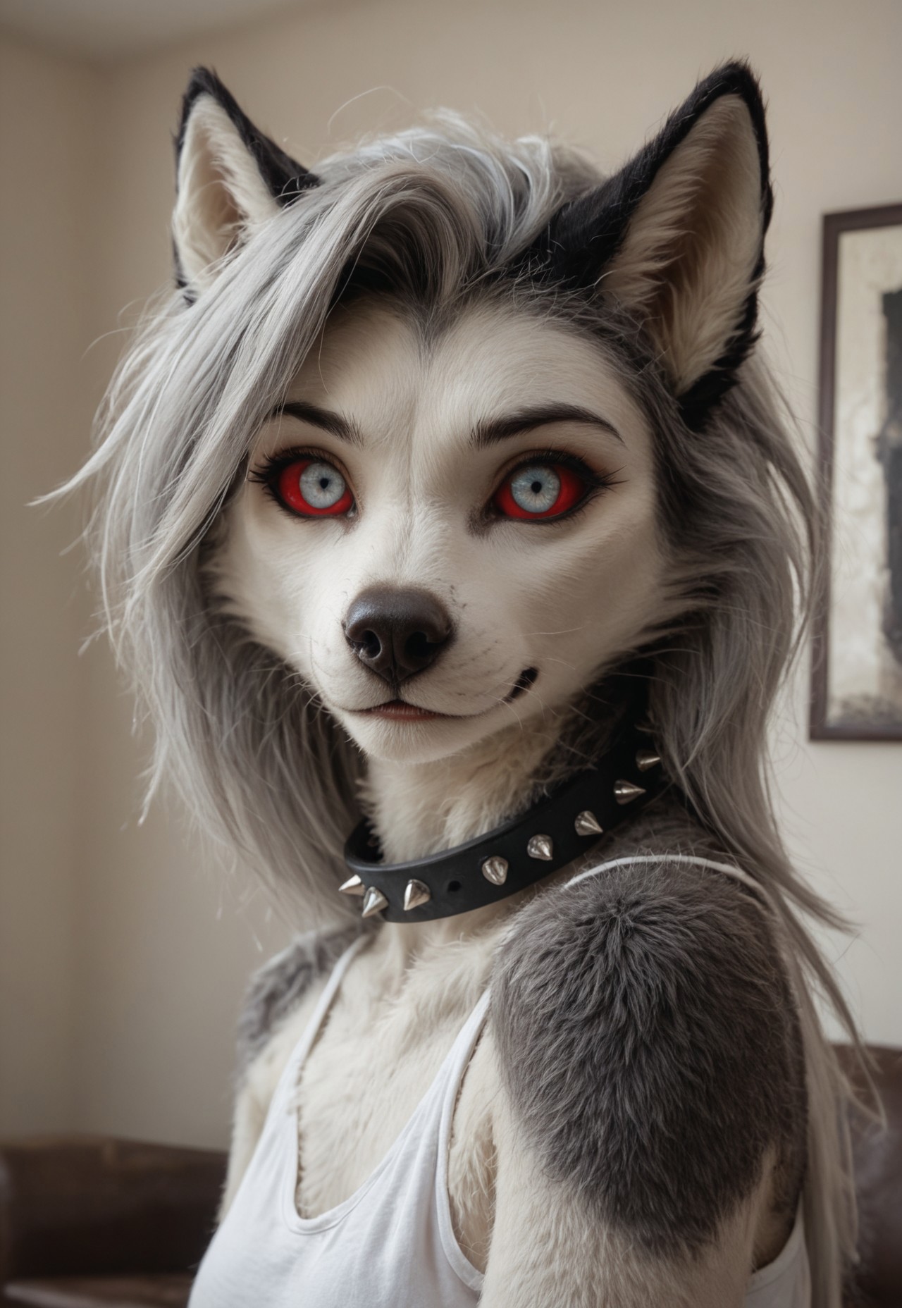 loona, helluva_boss, furry, anthro, tail, dog girl, wolf girl, animal nose, dog tail, furry female, wolf tail, furry, two-tone fur, gray fur, absurd res, sharp focus, <lora:more_details:1.0> detailed background, detailed skin, detailed hair, extremely detailed, ultra 8k quality, flat color, dark theme, Hyperrealistic, photorealistic, realistic, ultrarealistic, high definition, detailed fur, highres, super high resolution, 8k, White eyes, red sclera, high definition eyes, detailed eyes, high gradient eyes, canine teeth, short hair, silver eyes, white eyes

spiked collar, detailed background, living room, standing

score_9, score_8_up, score_7_up, 1girl,

