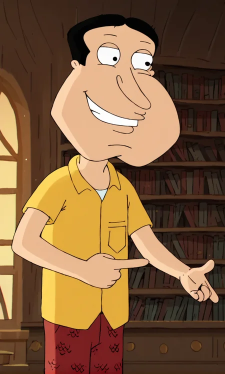 glenn_quagmire, FamilyGuy_Style, score_9_up, score_8_up, score_7_up, score_6_up, 1boy, solo, black hair, (pointing), (Dark brown)(Fringe top:1.2), (Strawberry red)(Leather pants), (haunted library background:1.2), (look), (light smile), <lora:FamilyGuy_Style-000014:1>