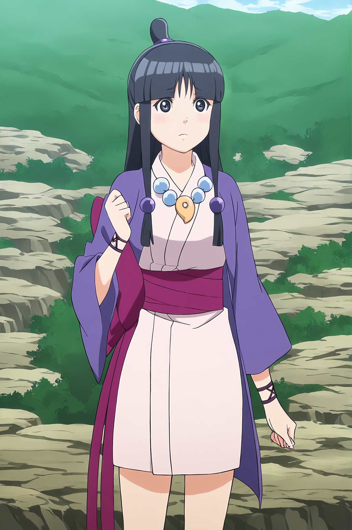 anime screencap,anime coloring,detailed face,masterpiece,best quality,very aesthetic,absurdres,amazing quality,ultra detailed,highres,amazing quality,scenery,beautiful detailed hair,beautiful detailed eyes,official anime artwork,<lora:Maya Fey-IL V1:1>,Maya Fey,1girl,solo,black hair,japanese clothes,long hair,magatama,jewelry,necklace,half updo,kimono,hair ornament,sash,