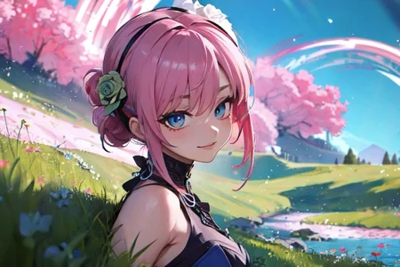 (masterpiece:1.4), 4K8K, (anime style), (high shutterspeed:1.4), (sharp edges), 
SyFyEye1, FanFo, 
1woman  hands togather,  leaning foward, face focus, smile, closed mouth, 
wearing Celtic style dress, (Detailed face, Detailed eyes, Detailed lips), (solo), 
pink hair, any colored roses, Fantastic, grass firld, river-side,