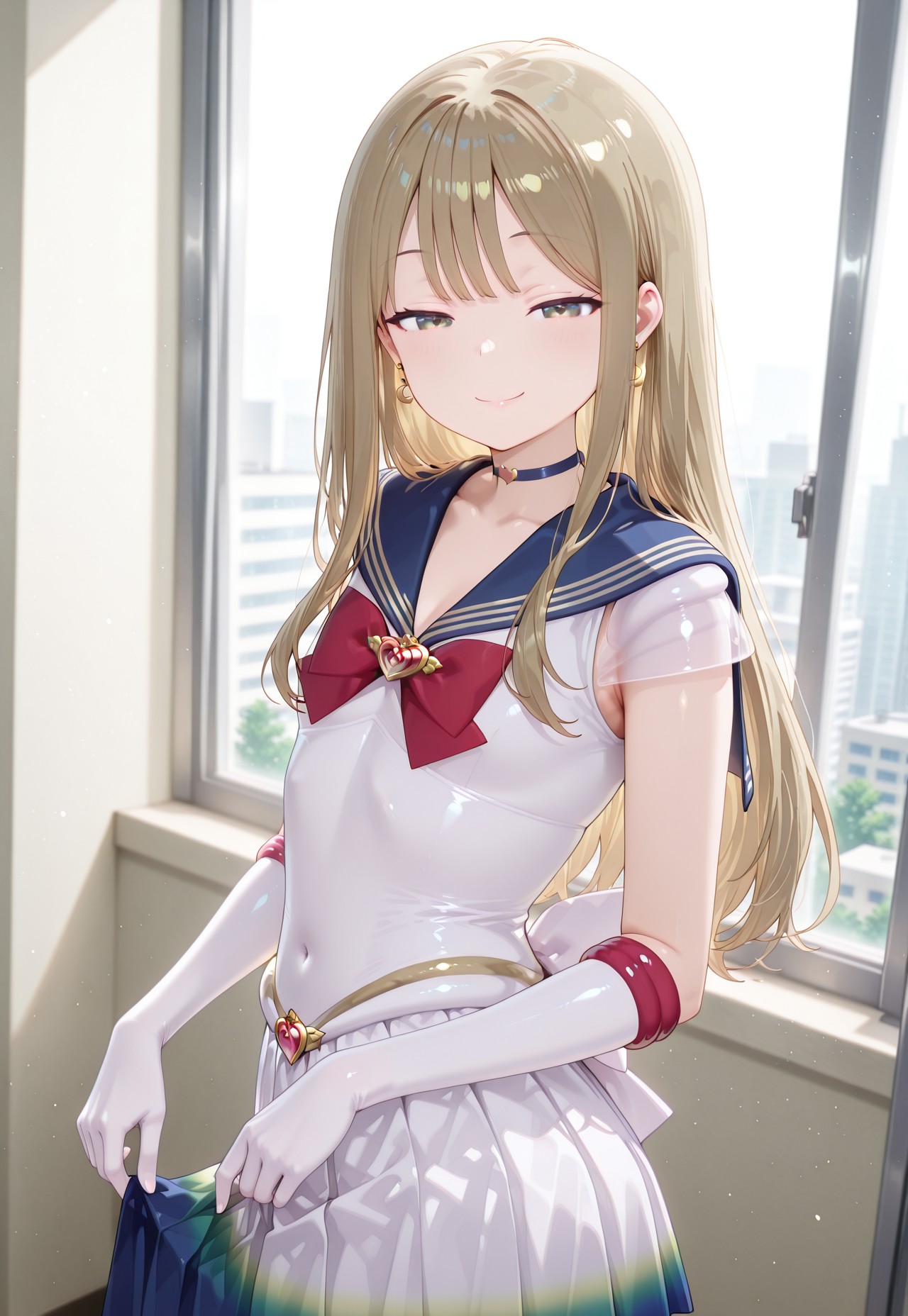masterpiece,extremely detailed,best quality,amazing quality,newest,absurdres,highres, 1boy, solo, makoto h, otoko no ko, crossdressing, Flaxen Hair, long straight hair, bssmsup3r0utfit, sailor senshi uniform, crescent earrings, blue sailor collar, red bowtie, white elbow gloves, heartchoker,  heartbrooch, huge white back bow, pleated skirt, multicolored miniskirt, hold skirt lightly, half-closed eyes, smile, twisted torso, BREAK dynamic_angle,cinematic angle