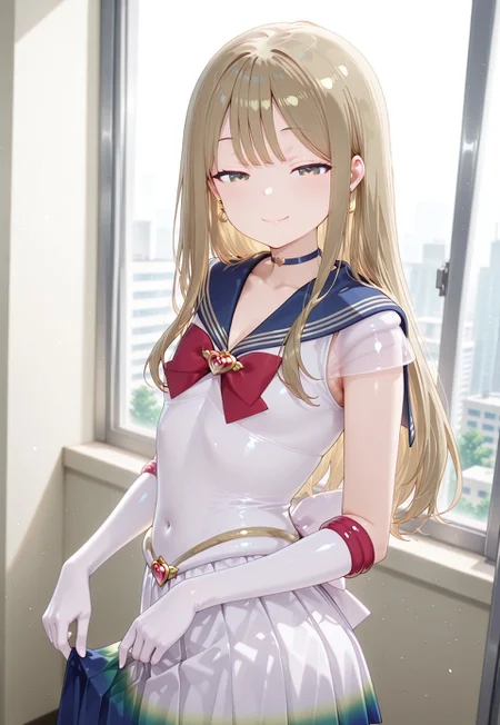 masterpiece,extremely detailed,best quality,amazing quality,newest,absurdres,highres, 1boy, solo, makoto h, otoko no ko, crossdressing, Flaxen Hair, long straight hair, bssmsup3r0utfit, sailor senshi uniform, crescent earrings, blue sailor collar, red bowtie, white elbow gloves, heartchoker, heartbrooch, huge white back bow, pleated skirt, multicolored miniskirt, hold skirt lightly, half-closed eyes, smile, twisted torso, BREAK dynamic_angle,cinematic angle
