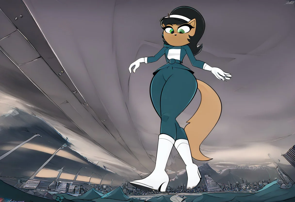 score_9, 1girl, solo,<lora:kittykatswell-guy-PONYv1:1>, kittykatswell, furry, animal ears, hairband, white gloves, jacket, white shirt, turtleneck, pants, belt, black skirt, white boots, wide hips, (high quality, high res, 4k, best anatomy:1.9), giantess, facing viewer, under high heel pov, walking, hyper hips, from below, city underneath foot, mountain background, micro city.