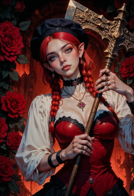 a highly detailed digital illustration in a gothic, fantasy art style. The central figure is a pale-skinned, androgynous character with long, braided red hair adorned with black ribbons. Their hair is styled into two thick braids that fall over their shoulders, and they wear a black beret tilted slightly to the side. The character has sharp, pointed ears, suggesting a possible elven or demonic origin. Their eyes are strikingly bright with a glowing, almost otherworldly quality.
The character is dressed in a gothic, medieval-inspired outfit: a white blouse with voluminous sleeves and a red, strapless corset-like top that accentuates their slender physique. They wear a black choker with a pink gemstone pendant, and several rings adorn their fingers. In their right hand, they hold a large, ornate axe with intricate, gothic designs, while their left hand rests on their hip.
The background is dark and ominous, with swirling red and black hues, and large, menacing roses with black petals adding to the eerie atmosphere. The overall mood of the image is dark, mystical, and slightly menacing, capturing a sense of supernatural power and allure.