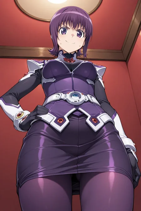 masterpiece, best quality, stellvia_machida_ayaka_ilxl, solo, 1girl, <lora:stellvia_machida_ayaka_ilxl:0.9> purple uniform, black pencil skirt, tights, looking at viewer, smile, One hand on the hip the other hand raised to the head, from below, angry, sweat