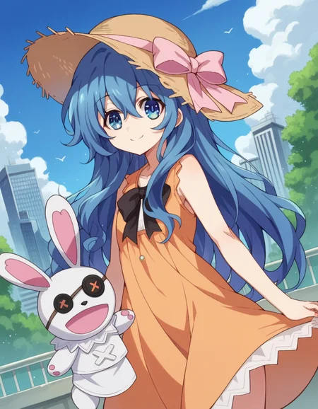score_9, score_8_up, score_7_up, source_anime,
dalyoshino, <lora:dal-yoshino-s2-ponyxl-lora-nochekaiser:1>,
yoshino casual, long hair, hat, dress, ribbon, blue hair, blue eyes, eyepatch, stuffed toy, sun hat, straw hat, stuffed bunny, puppet, hand puppet,
outdoors, cityscape, smile,
looking at viewer, cowboy shot, dutch angle,