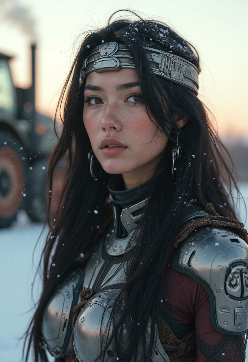 post_cyberpunk style, beautiful First Nations woman, 21 years old, dressed advanced exosuit styled like traditional tribal regalia, her long flowing dark hair, snow gently falling around her, the fading light of dusk casting long shadows across the metallic surfaces, a steam-powered tractor nearby belching smoke and steam into the crisp air, style of Syd Mead and  Benedick Bana, messy, streaks , <lora:other/flux_realism_lora>, meta, self-aware, cybernetic, ironic, satirical, augmented, deconstructive, cyberpunk style, cybernetic, high-tech, dystopian, gritty, futuristic, augmented,